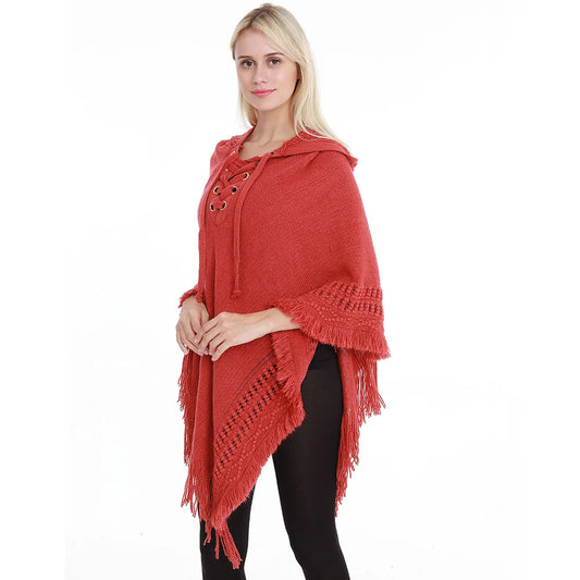 Fringe Tassel Women's Knitted Hooded Crochet Shawl Wrap Sweater