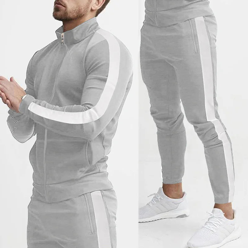 Men's Striped Mandarin Collar Fitness Zipper Jacket + Skinny Side Striped Jogger Sweatpants Tracksuit