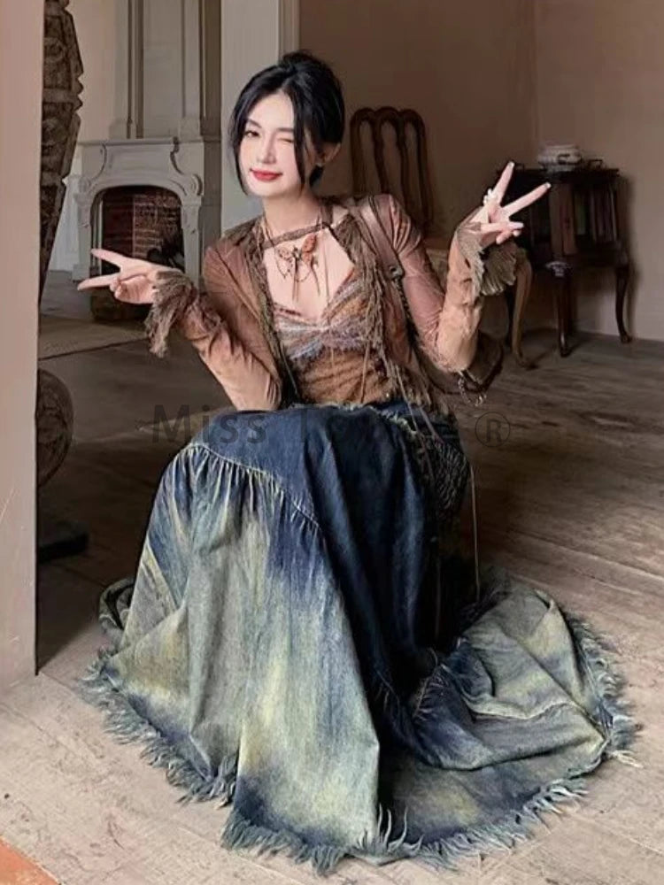 Denim Washed Colorblock Vintage Tassel Fringe Hem Oversized Tiered Ruffled Patchwork Maxi Mermaid Jean Skirt