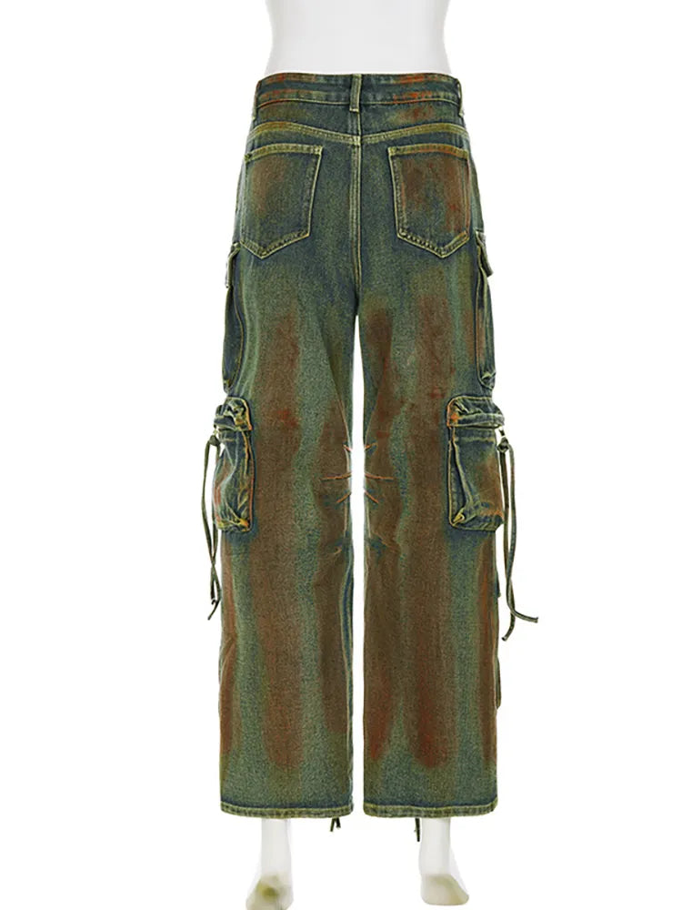 Green Denim Washed Gradient Tie-Dye Retro Ladies Cargo Jeans