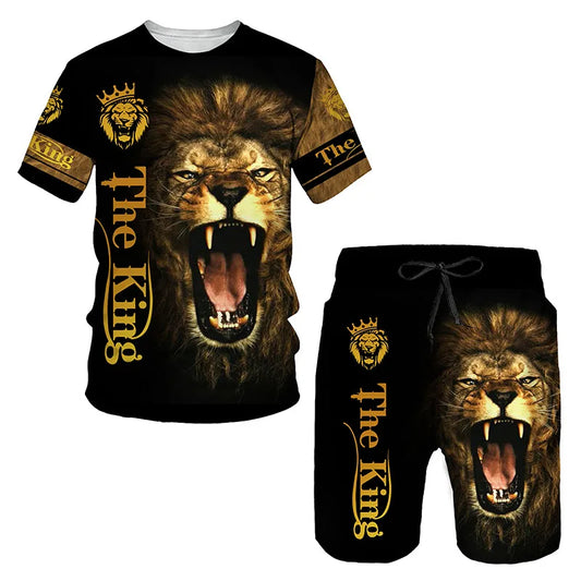 "The King" Lion 3D Graphic Men's Short Sleeve T-Shirt + Shorts 2-Piece Sets