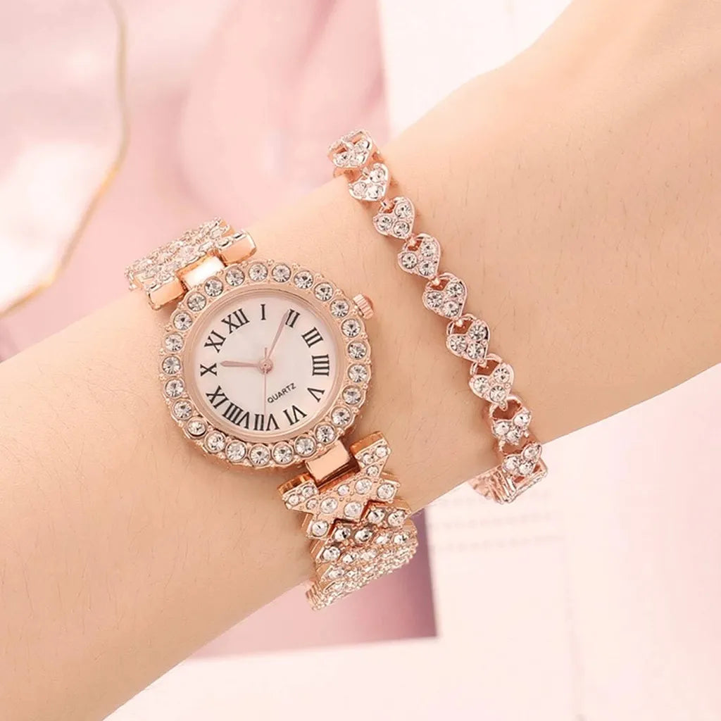 Diamond Steel Band Ladies Watch & Bracelet Set