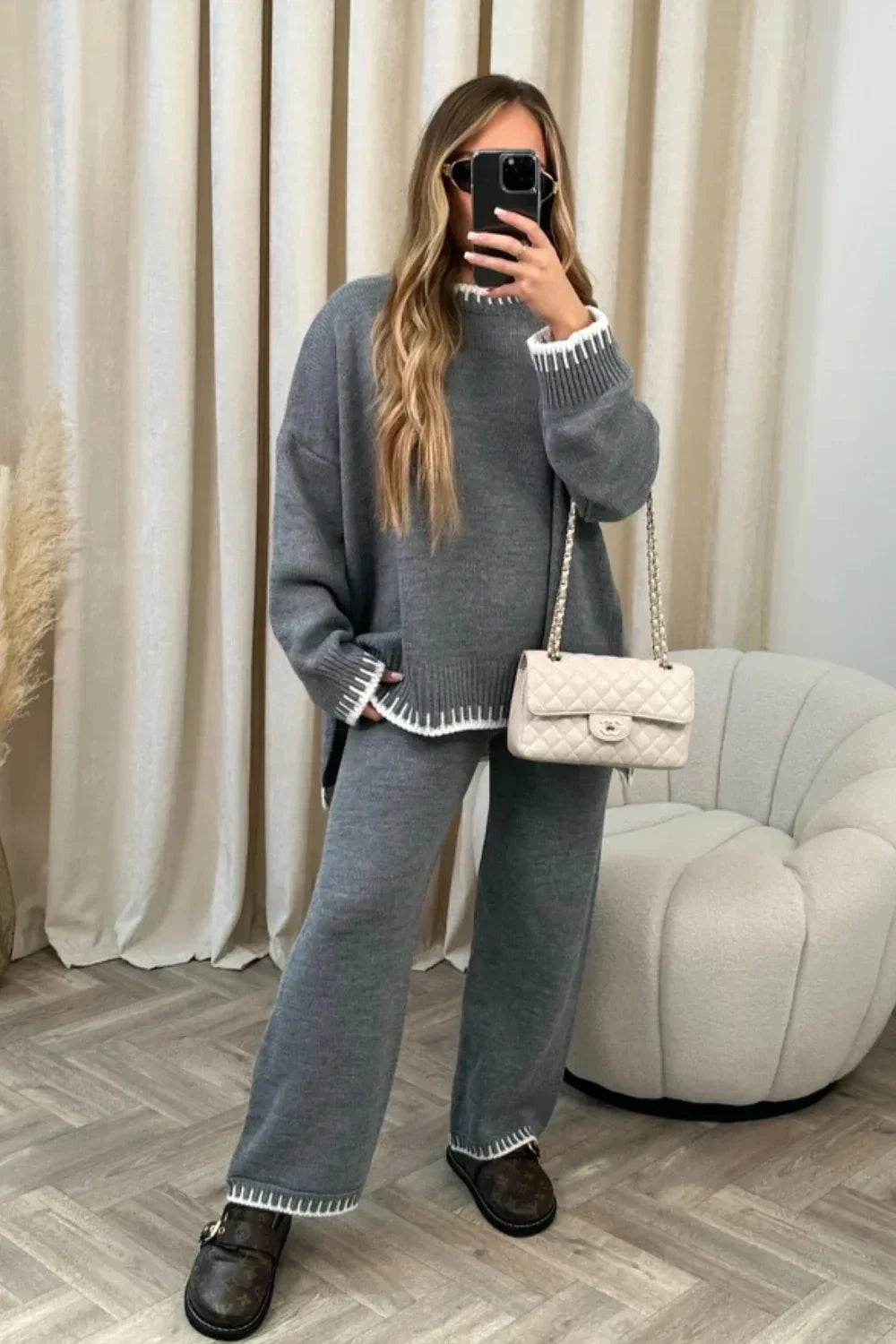 Striped Women's Knitted Split Sweater + Top Elastic High Waist Straight Pants 2-Piece Set