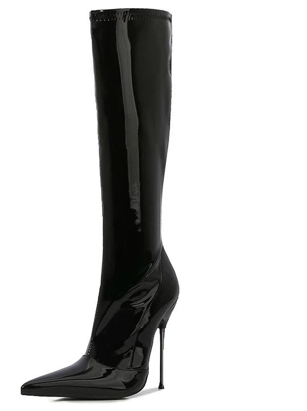 Patent Leather Solid Color Knee-High Pointed Toe Women's Ultra Thin Stiletto Metal Heel Wide Calf Boots