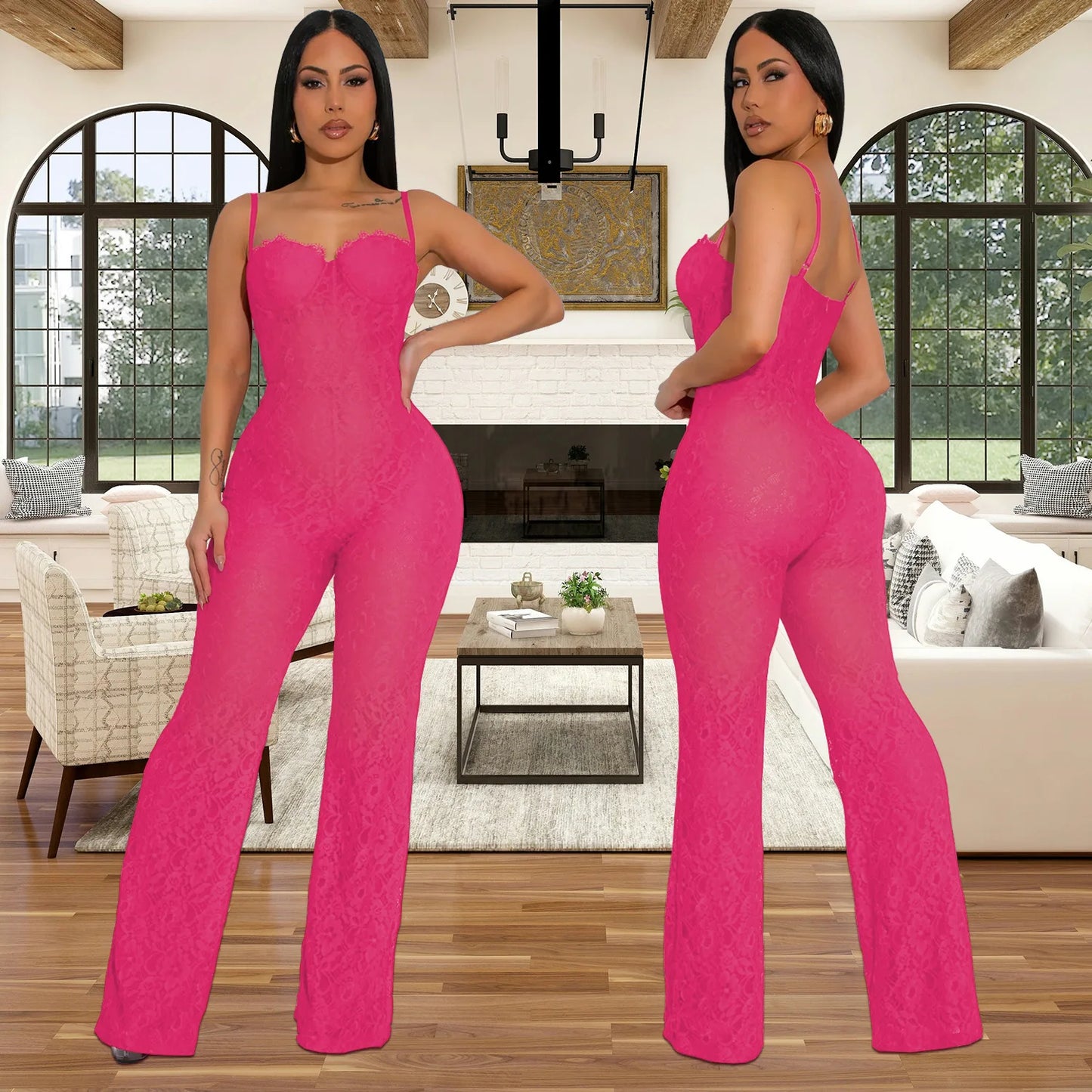 Lace Sexy Sheer Mesh Sleeveless Spaghetti Strap Solid Color Formal Jumpsuit