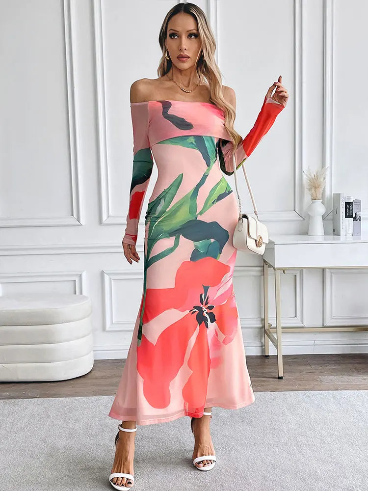 Pink Off-the-Shoulder Big Flower Print Long Sleeve Maxi Dress
