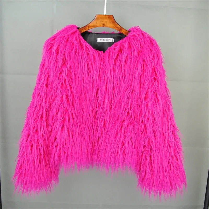 Fringe Shaggy Faux Fur Loose Women's Long Sleeve Jacket to 3x Plus Size