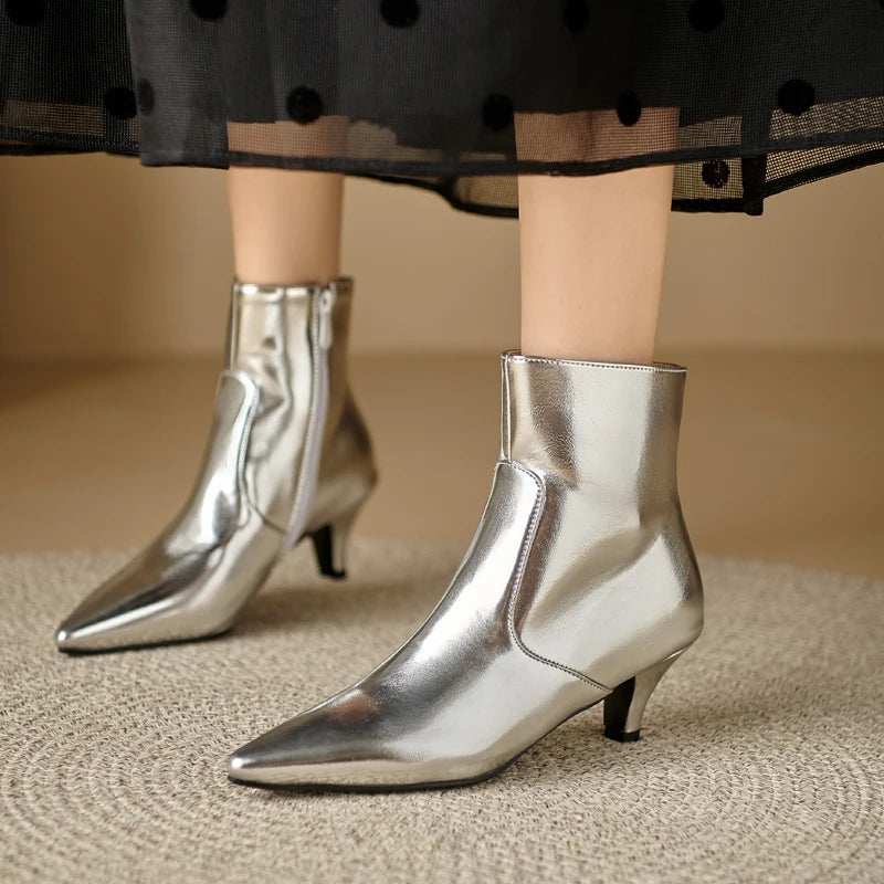 Metallic Solid Gold/Silver Kitten Heel Pointed Toe Side Zipper Chelsea Ankle Boots