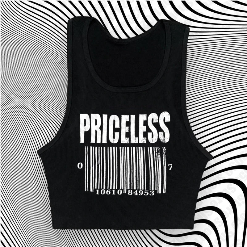 Vintage Black 3D Barcode "Priceless"Letter Print Short Sleeve Women's T-Shirt/Crop Top