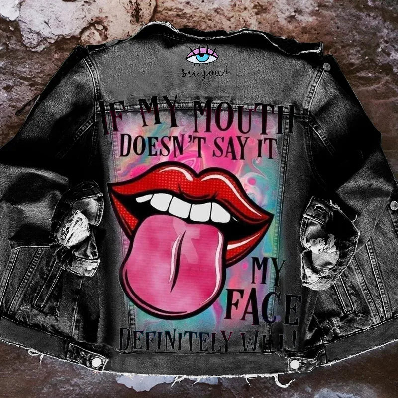 3D Paint Print Ladies Pattern Lapel Denim Jean Jackets