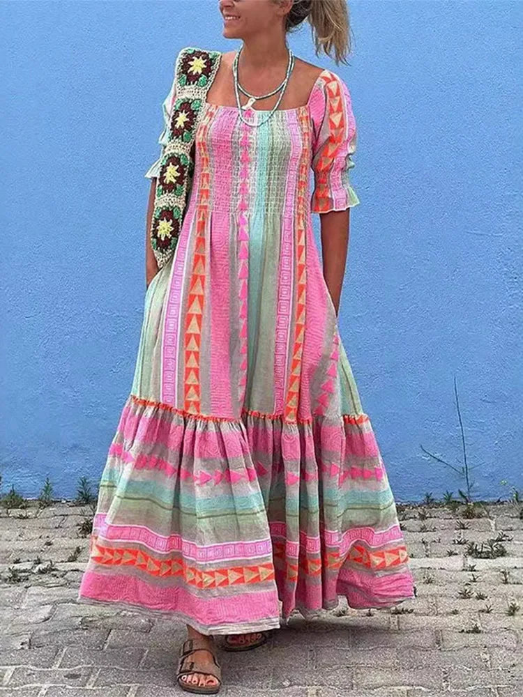 Pastel Rainbow Striped Boho Ruffled Long Sleeve Off-the-Shoulder Backless Maxi Dress