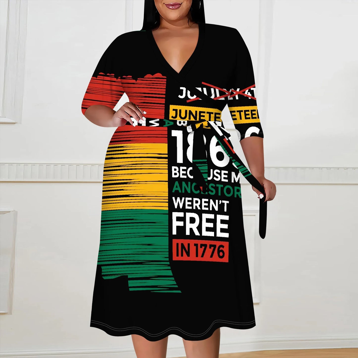 Juneteenth Flag V-Neck Long Sleeve Maxi Dress to 6X Plus Size