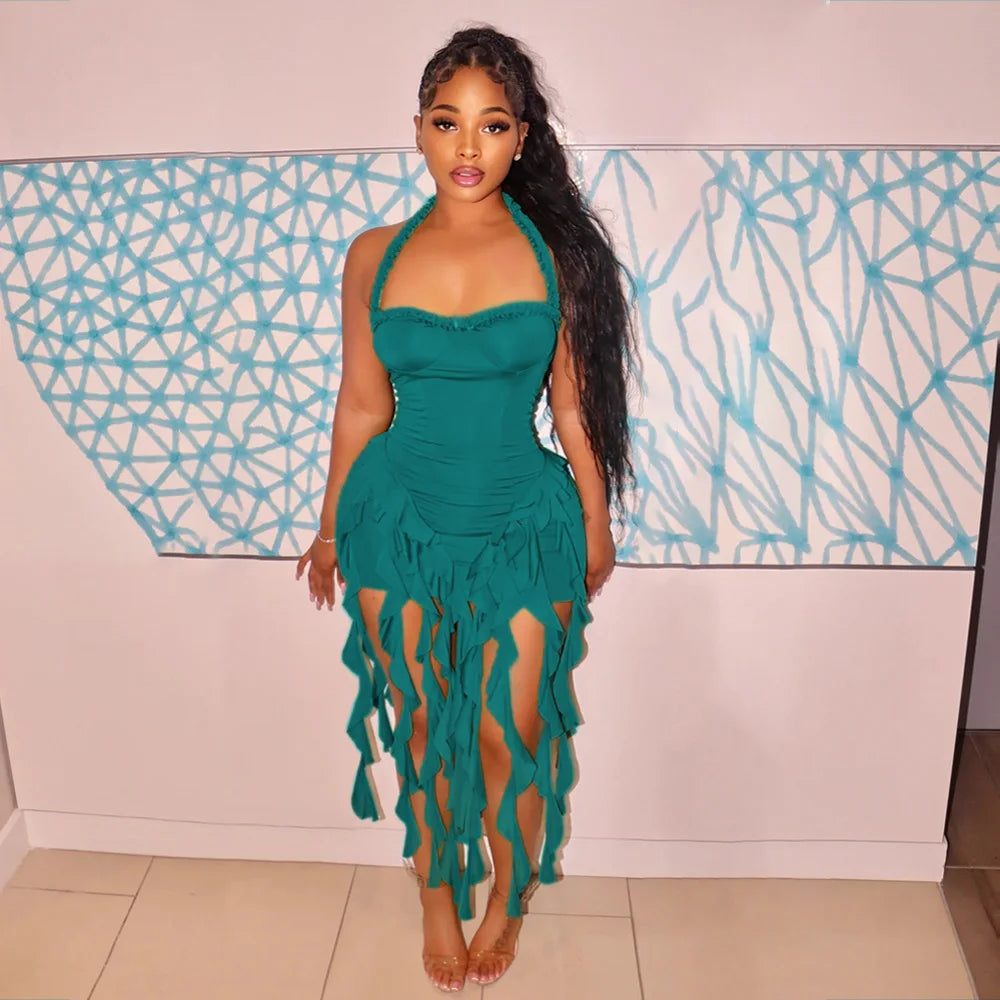 Sleeveless Strapless Halter Strap Streetwear Fringe Hanging Tassel Design  Dress