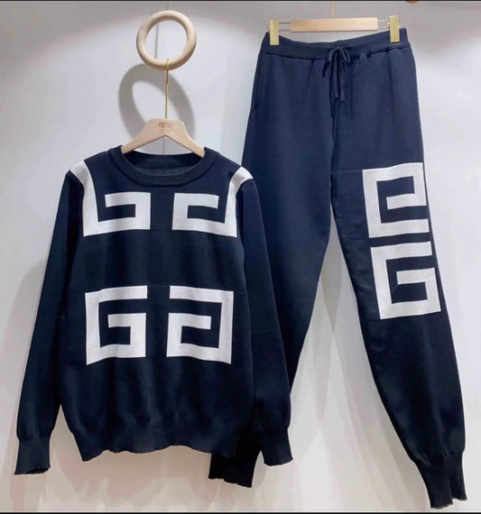 Knitted Geometric Print Long Sleeve Ladies Sweatshirt + Pencil Sweatpants 2-Piece Tracksuit