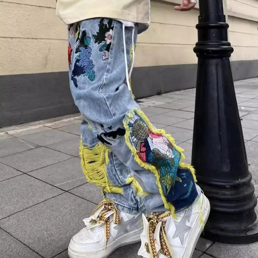 Streetwear Baggy Stacked Ripped Graphic Embroidered Hip Hop Jeans