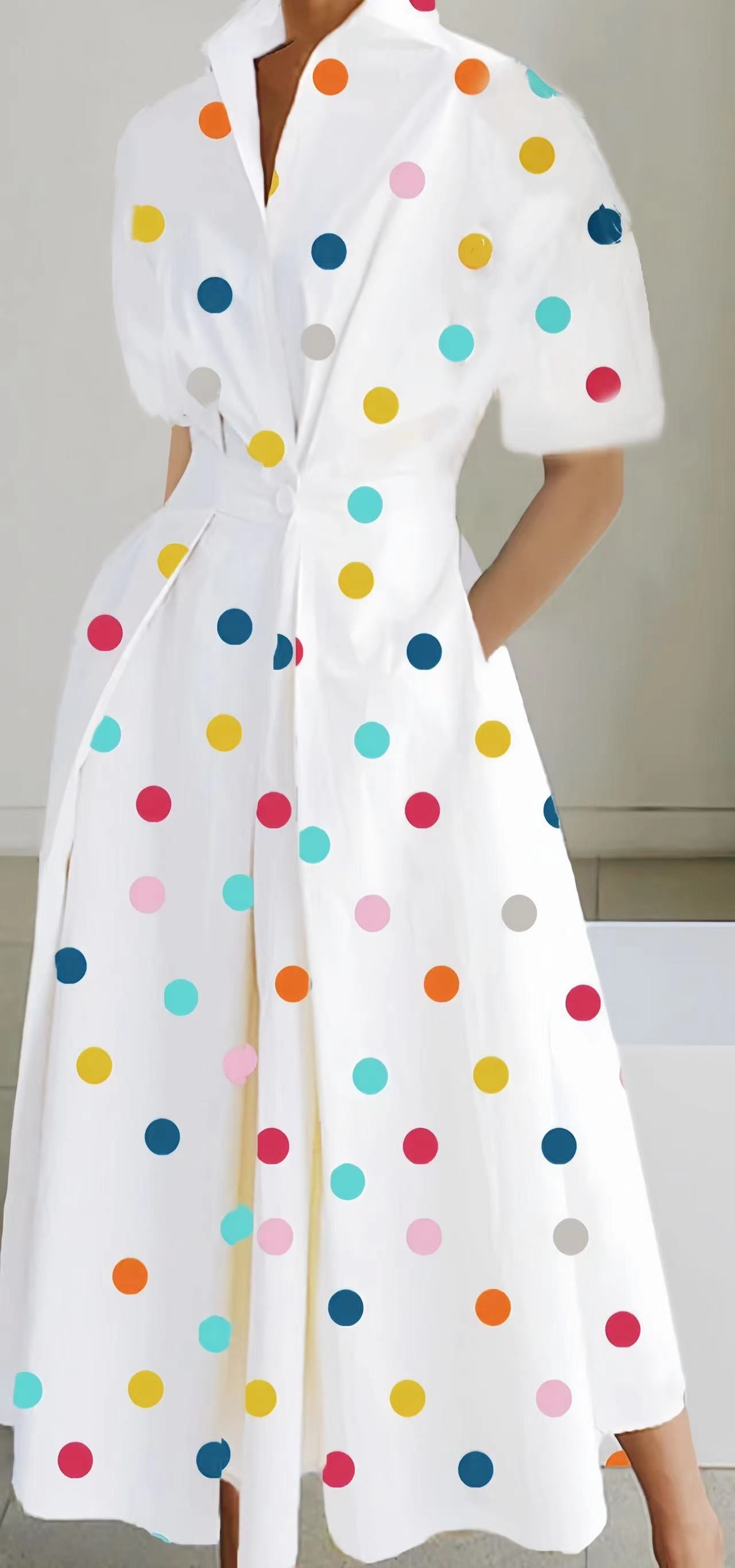 Polka Dot Turn Down Collar Pocketed Shirt Dress