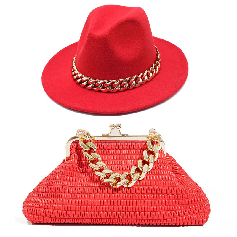 Fedora Chain Link Straw Hat + Chain Link Purse Set