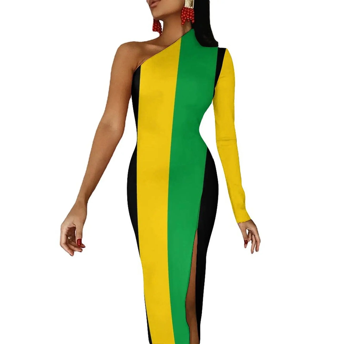 Jamaica Flag Colors Striped/Geometric/Camoflauge High Side Slit One Sleeve Streetwear Bodycon Maxi Dress