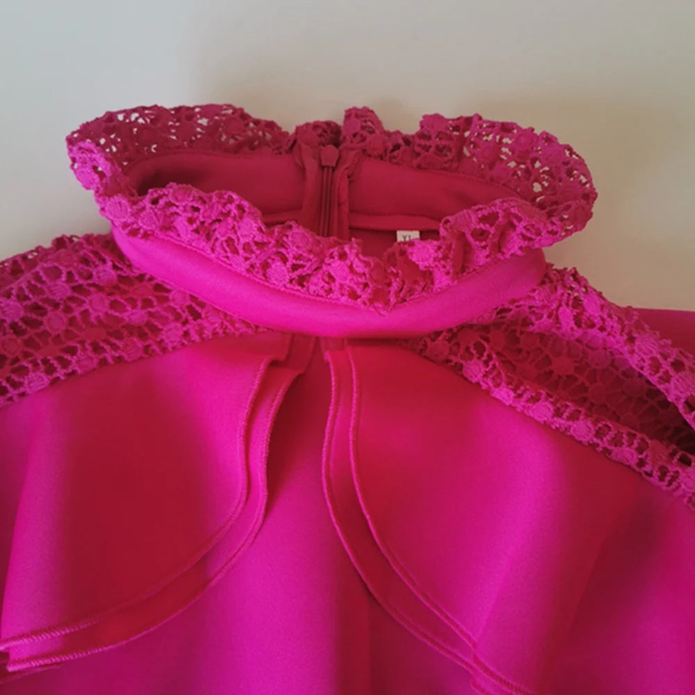 Hot Pink Ruffled Long Butterfly Sleeve Sleeve Blouse