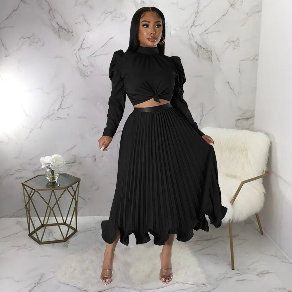 Women’s Solid Color O-Neck Lantern Sleeve Blouse + A-Line Flounce Formal Pleated Maxi Skirt w/ Sash Belt 2-Piece Set