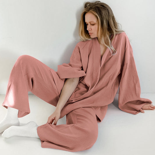 Japanese Kimono 2-Piece Set 100% Cotton Loose Ladies Pajamas