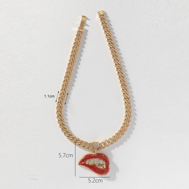 Red Bite Lip Pendant Crystal Iced Out Hip-Hop Cuban Link Chain Necklace