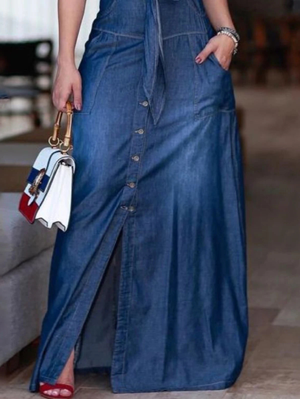 Denim Sleeveless Collar Light Washed Bowtie Sash Belt Oversized Loose Tank Jean Maxi Dress