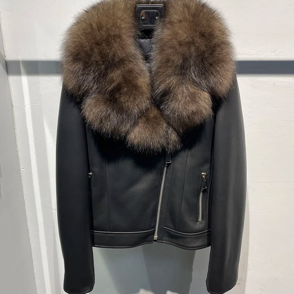 Fox Fur Collar Genuine Leather Women's Zipper Streetwear Jacket