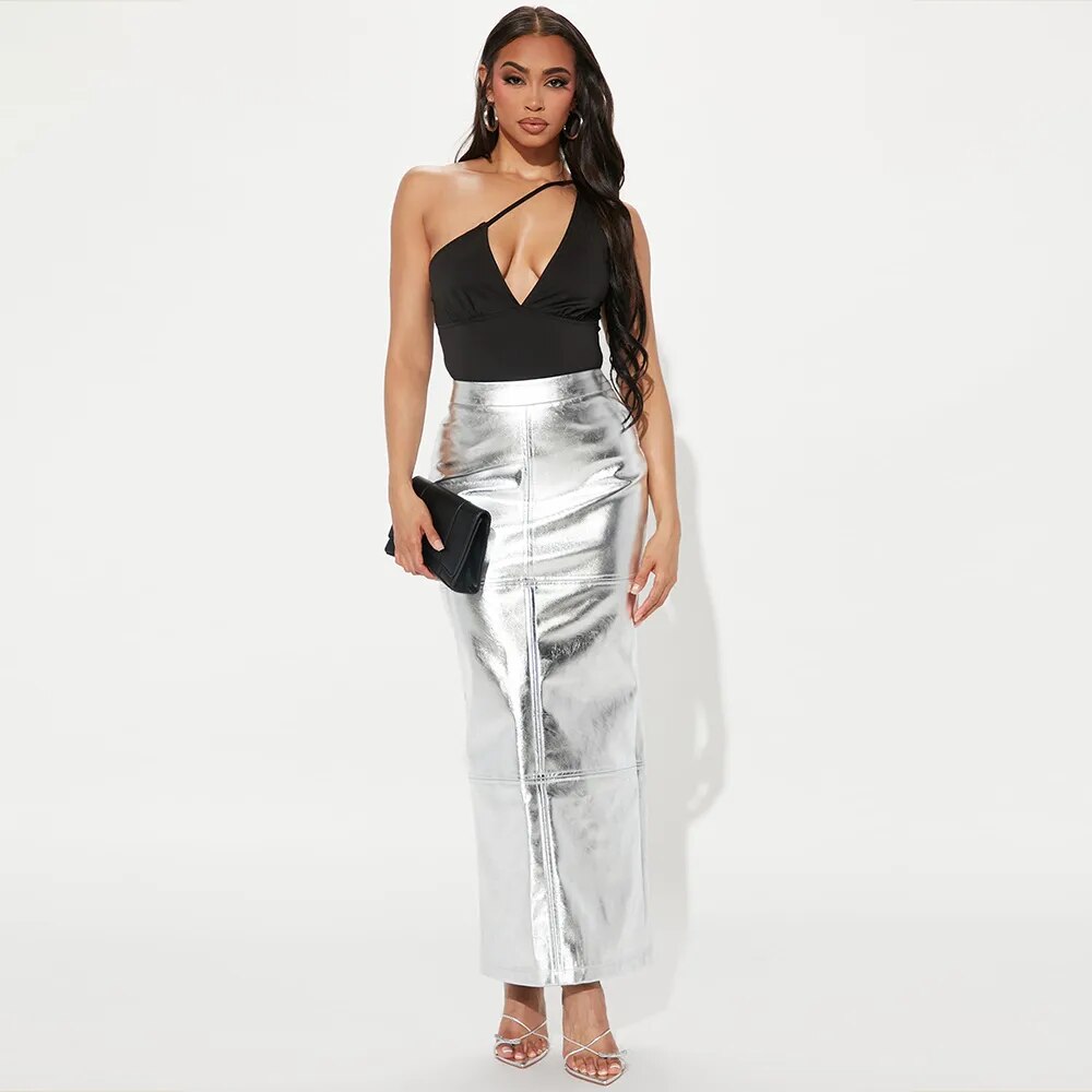 Metallic Faux Leather Solid Color Shiny Skinny Maxi Skirt