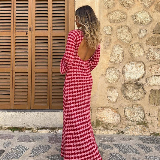 Plaid Knitted Backless Flared Long Sleeve Maxi Sweater Dress