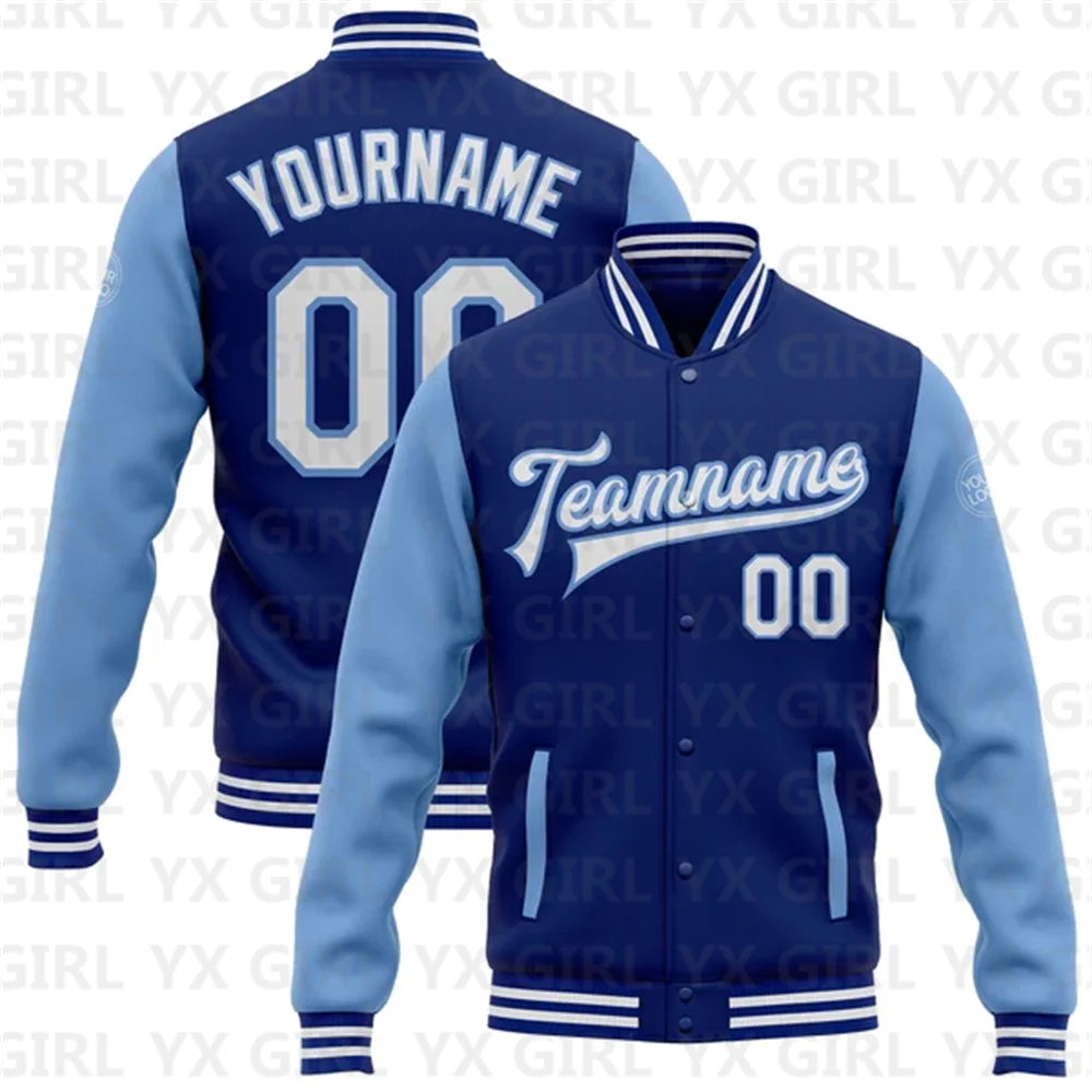 Customized Unisex 3D Letter Print/Team Name Personalized Royal White/Black/Gray Full-Snap Letterman's 2-Tone Baseball Button-Up Varsity Bomber Jacket