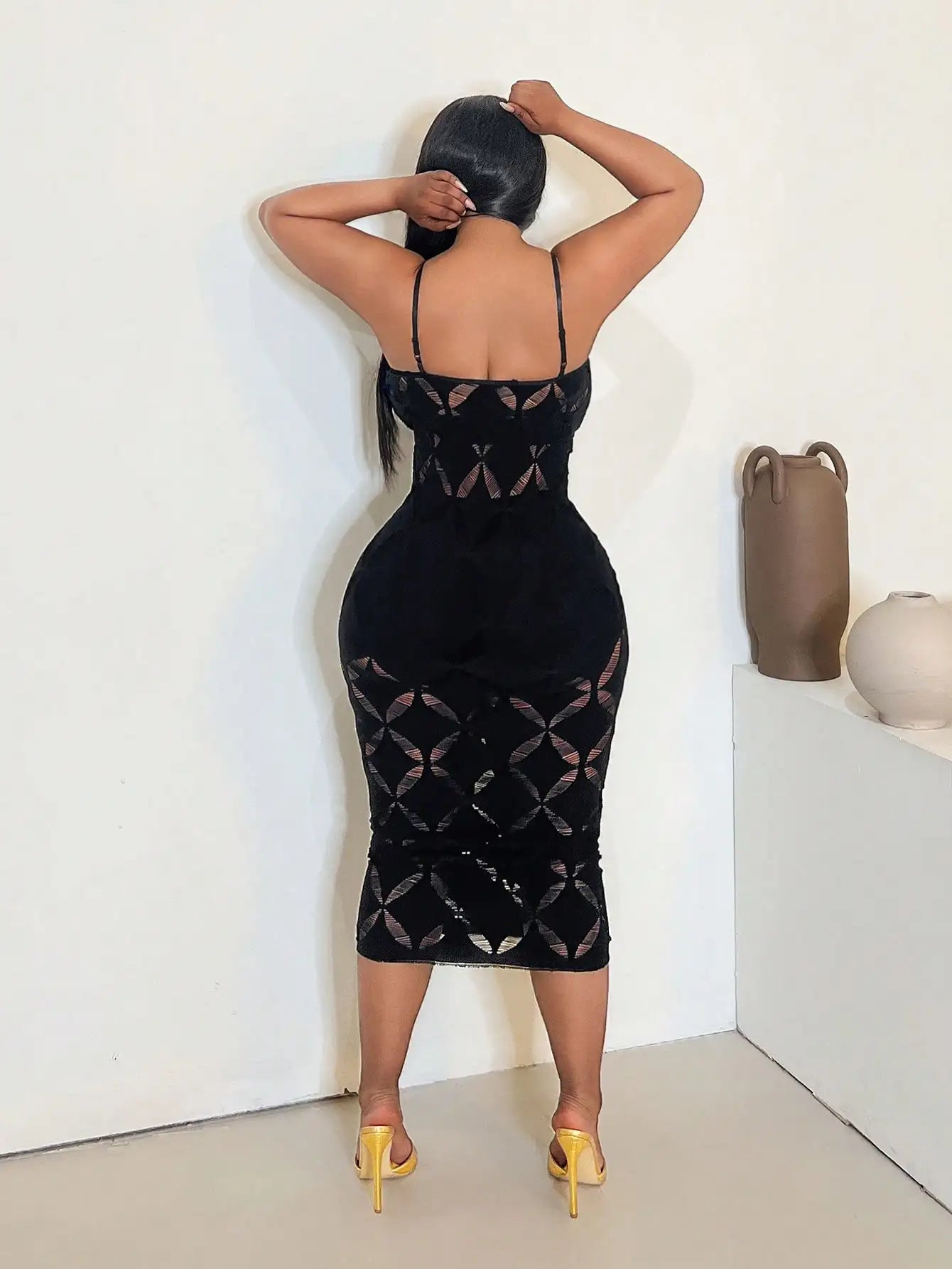 Mesh Sleeveless Black Geometric Hollow-Out Pattern Spaghetti Strap Maxi Plus Size Dress