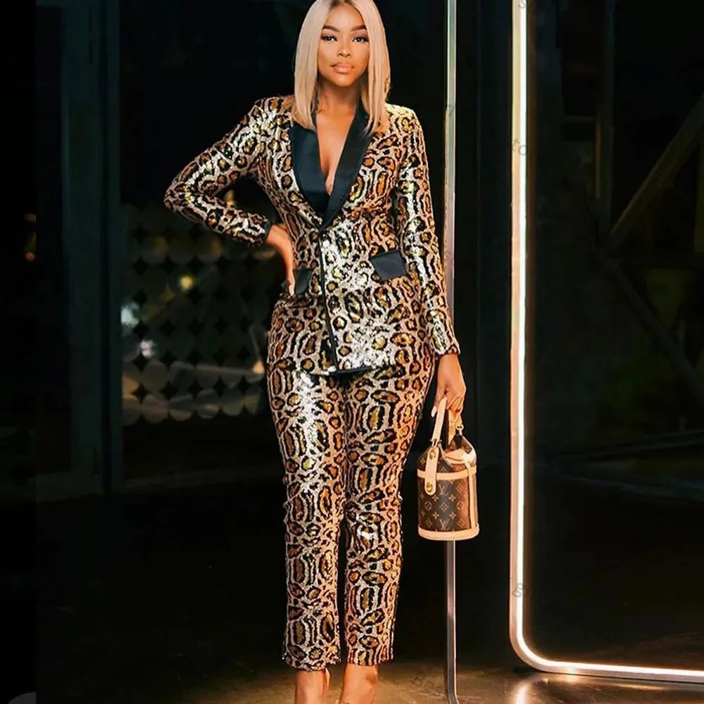 Sequin Leopard Print Women's Blazer Jacket + Pants Tailored Formal Suit