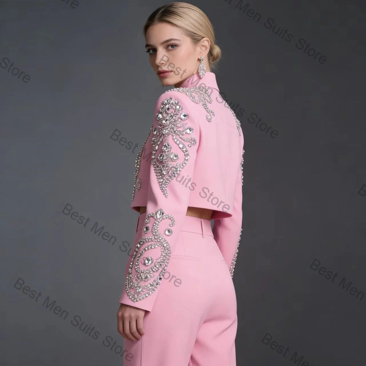 Pink Women Suit Set 2 Pcs Blazer Pants Trousers Crystals Stand Collar Formal Office Jacket Customized Wedding Tuxedo Guest Coat