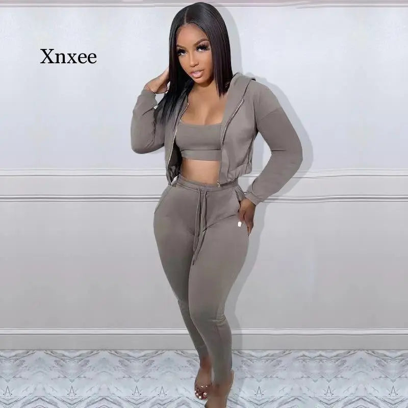 Skinny Solid Long Sleeve Zipper Hoodie + Halter Neck Tank + Sweatpants 3-Piece Ladies Tracksuit