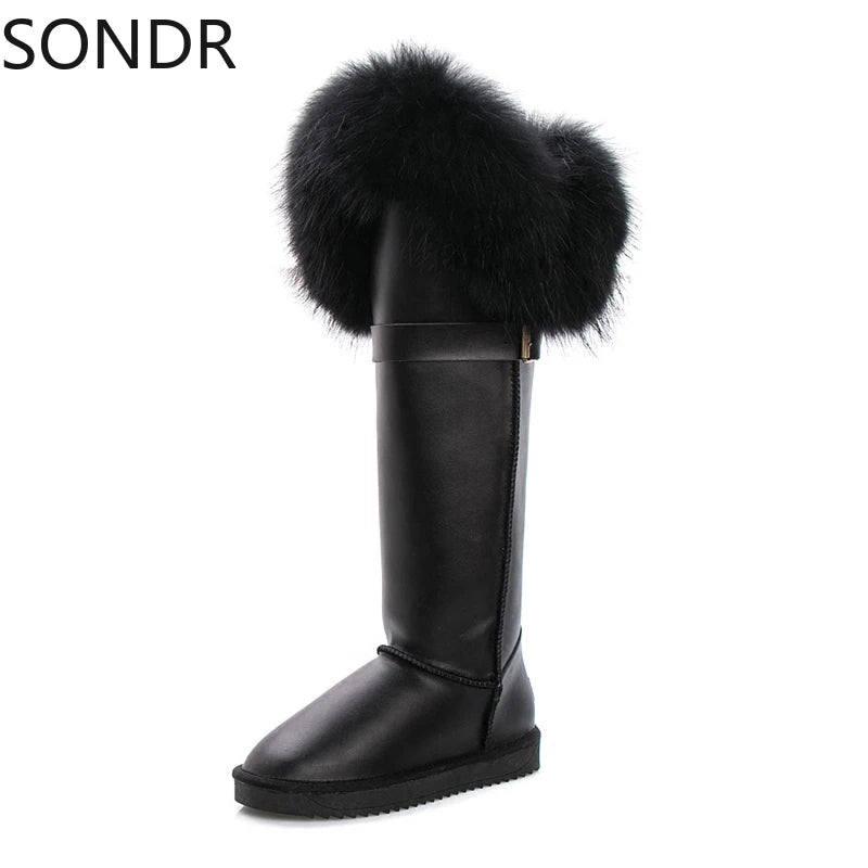 Faux Fur Trim Genuine Leather Solid Knee-High Flat Women's Snowboots