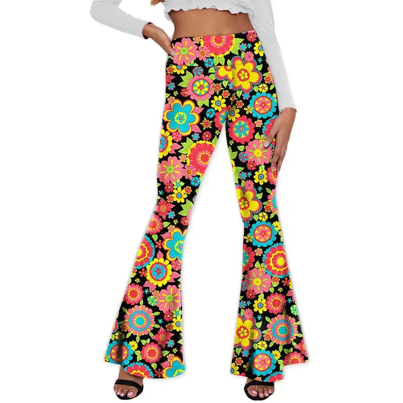 70's Bohemian Flower Print Women's Elastic Waist Flared Bellbottom Pants