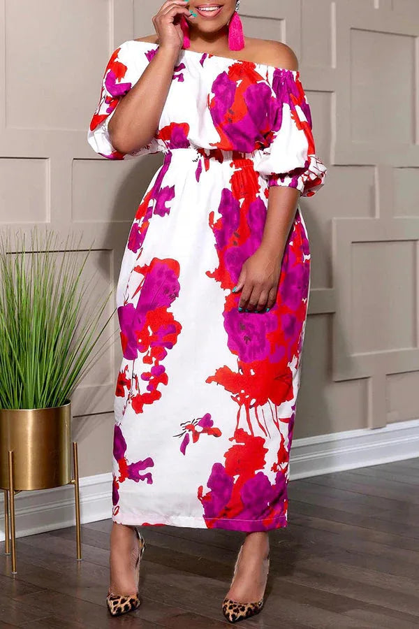 Floral Printed Off-the-Shoulder Short Lantern Sleeve Robe High Waist Maxi Dress