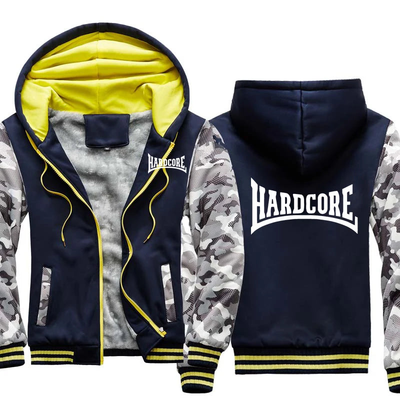 Men‘s "Hardcore" Drawstring Camoflauge Colorblock Print Fleece Cotton Raglan Zipper Hoodie Jacket