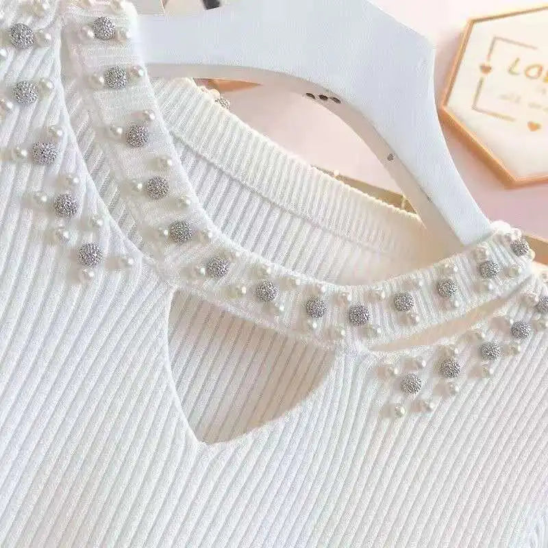 Pearl Embelished Cut-Out Neckline Long Sleeve Knitted Beaded Sweater