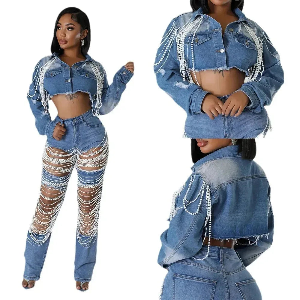Denim Pearl Tassel Chain Embroidered Long Sleeve Women’s Turn-Down Collar Western Rodeo Jean Jacket OR Jeans-SOLD AS SEPERATES