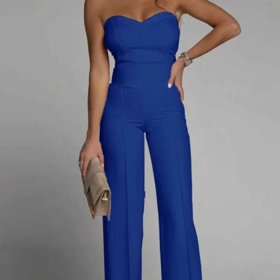 Sleeveless Strapless Solid Color Straight Women's Formal Party Tube Jumpsuit