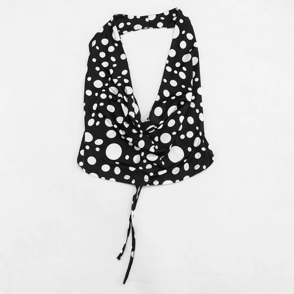 FLARORA Sexy Polka Dot Print 2 Piece Sets Woman Trend Halter V Neck Backless Ruched Tops And Ribbon Shorts Hottie Street Suits
