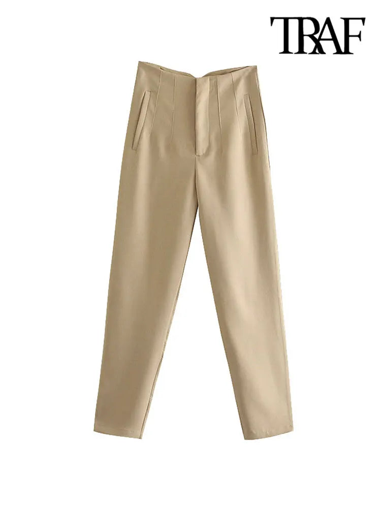 Vintage High Waist Zipper Fly Women's Ankle Trouser Office Pants