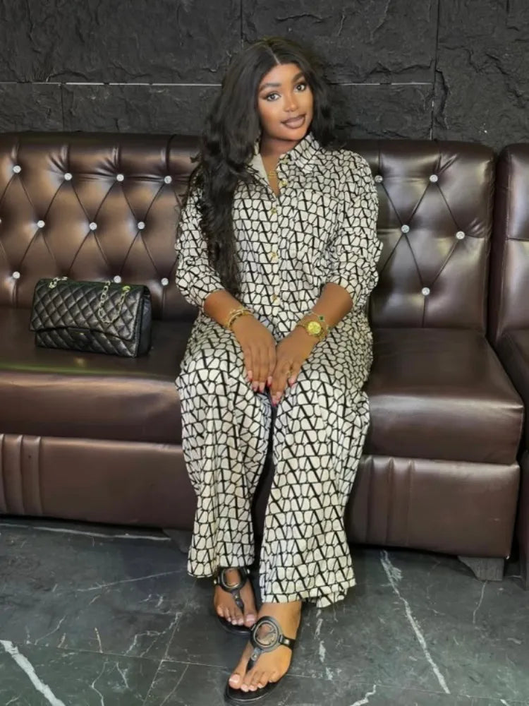 Off-White/Black Monogram Print Long Sleeve Women's Oversized Blouse + Loose Wide Leg Pants Matching 2-Piece Set