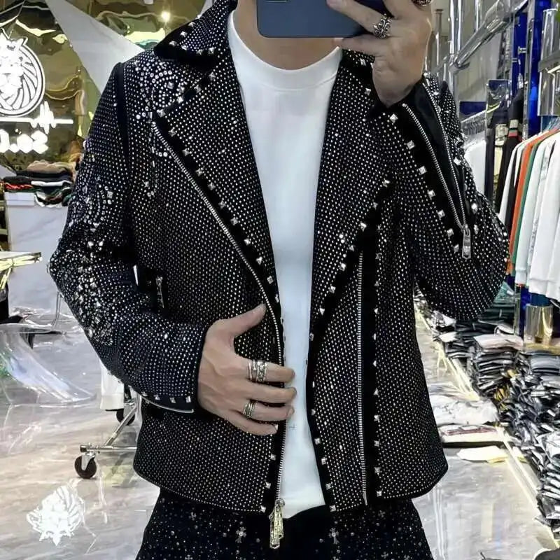 Men's Black PU Leather Rhinestone Hot Drill Design Turn-Down Collar Hip-Hop Biker Jacket