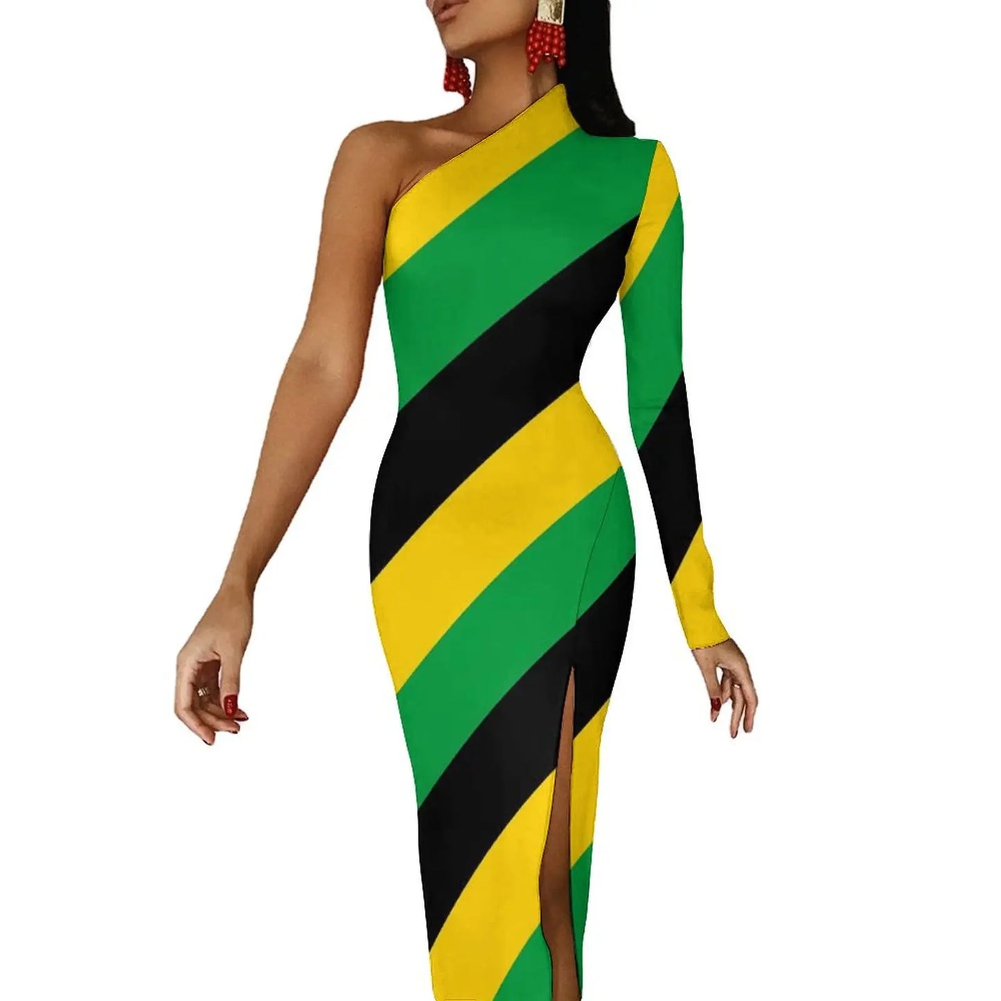 Jamaica Flag Colors Striped/Geometric/Camoflauge High Side Slit One Sleeve Streetwear Bodycon Maxi Dress