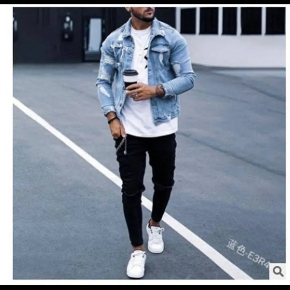 Men's Denim Jacket Ripped Irregular Wash Jean Jacket