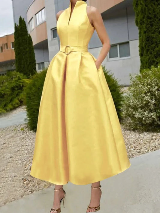 Stand Collar Solid Color V-Neck Belted A-Line Sleeveless High Waist Pleated Evening Maxi Dress