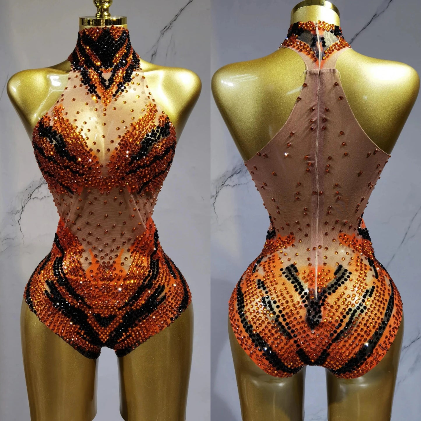 Sparkling Rhinestone Hollow-Out Long Sleeve Stage Formal Stage Performance Skin Tight Bodysuit